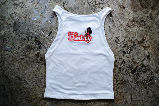 "Sabak Daddy" Embroidered Logo White Sleeveless Cropped Top